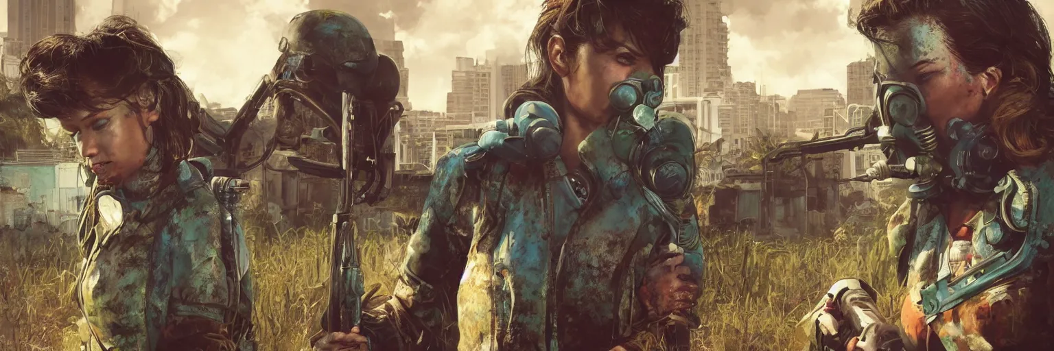 Image similar to fallout 5 : miami, charismatic beautiful rugged brunette female protagonist and companion, portrait, outdoors ruined tropical cityscape, atmospheric lighting, painted, intricate, volumetric lighting, beautiful, summer, sunny weather, few clouds, sharp focus, deep colours, ultra detailed, by leesha hannigan, ross tran, thierry doizon, kai carpenter, ignacio fernandez rios