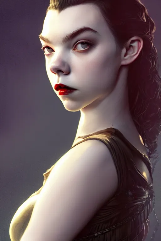 Prompt: anya taylor - joy vampire queen, hyper detailed, digital art, trending in artstation, cinematic lighting, studio quality, smooth render, artgerm, joshua middleton, rafael albuquerque, unreal engine 5 rendered, octane rendered, art style by klimt and nixeu and ian sprigger and wlop and krenz cushart