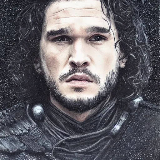 Image similar to kit harrington as lord comanderl of the nights watch, incredibly detailed oil painting, high octane, trending on artstation, incredible fineline, regal, fine art museum piece, drum scanner