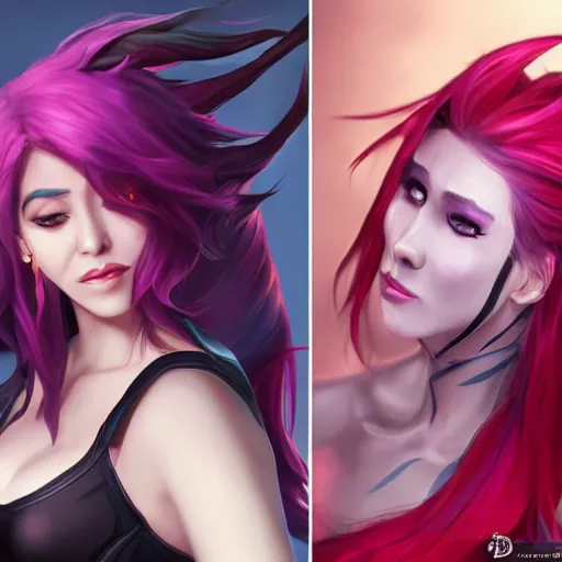 Image similar to league of legends, best friends, kai'sa and xayah, photorealism, hyperrealistic