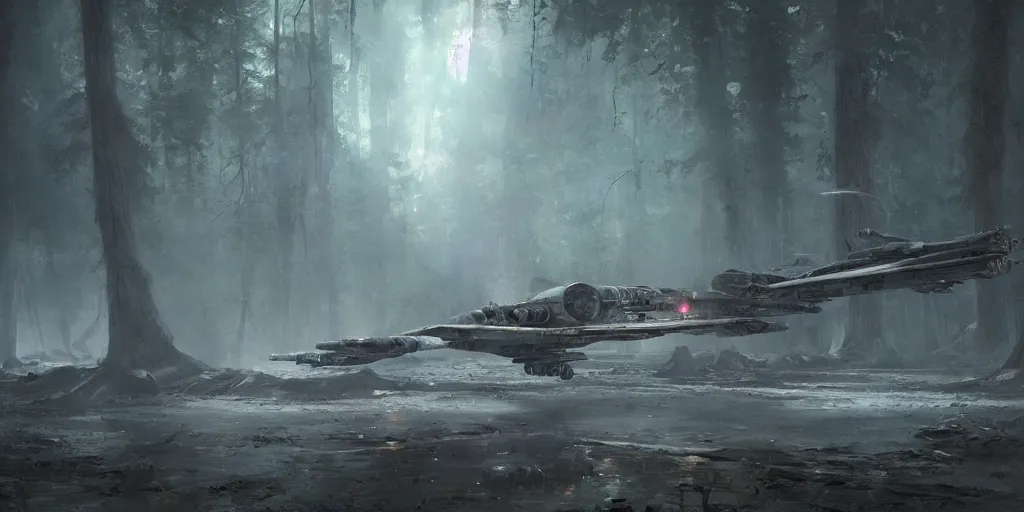 Image similar to a painting of a cinematic keyframe of star wars a destroyed x - wing fighter in dagobah's forest, heavy atmosphere and smoke by greg rutkowski, rule of thirds, golden ratio, ambient lighting, wlop, artgerm, artstation, highly detailed masterpiece, dark fantasy art, high detail, trending on artstation