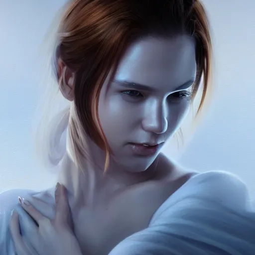 Prompt: a painting of a woman in a white shirt, a character portrait by Artgerm, cg society contest winner, fantasy art, reimagined by industrial light and magic, poster art, concert poster