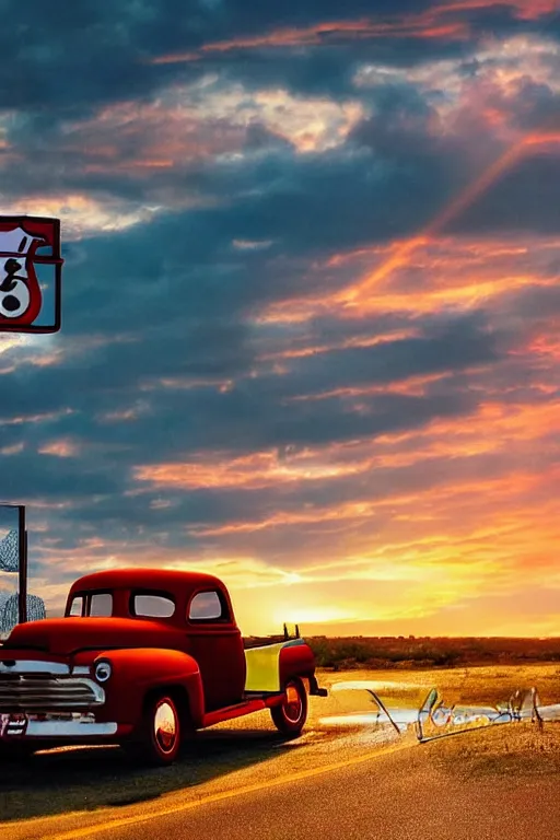 Image similar to a sunset light landscape with historical route 6 6, lots of sparkling details and sun ray ’ s, blinding backlight, smoke, volumetric lighting, colorful, octane, 3 5 mm, abandoned gas station, old rusty pickup - truck, beautiful epic colored reflections, very colorful heavenly, softlight