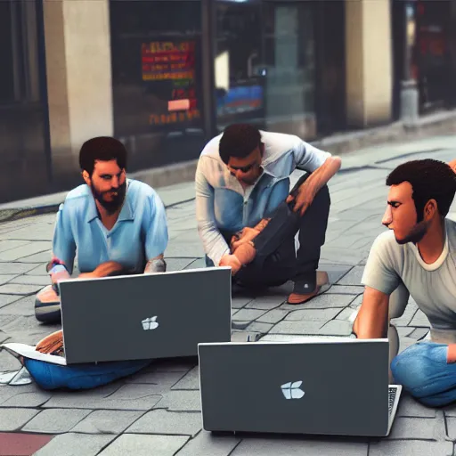 Image similar to a group of realistic bums on street using laptops with blender 3 d logotype on laptop, highly detailed, intricate, sharp focus, digital art, 8 k