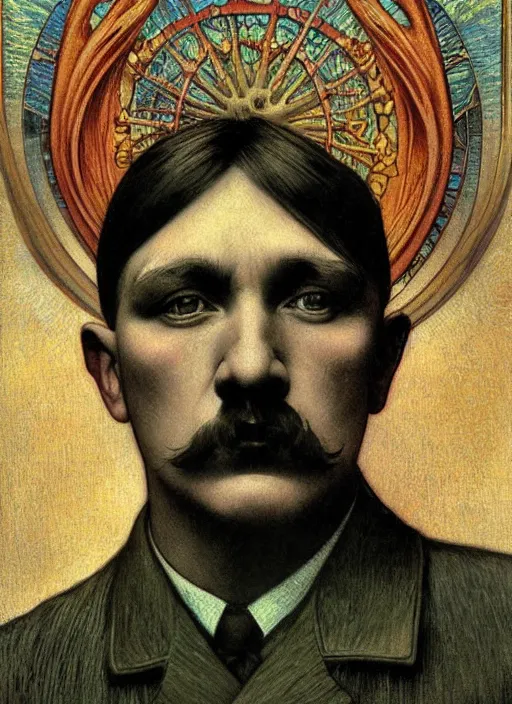 Prompt: detailed realistic beautiful young adolf hitler face portrait by jean delville, alphonse mucha, vincent van gogh, and marco mazzoni, art nouveau, symbolist, visionary, gothic, pre - raphaelite