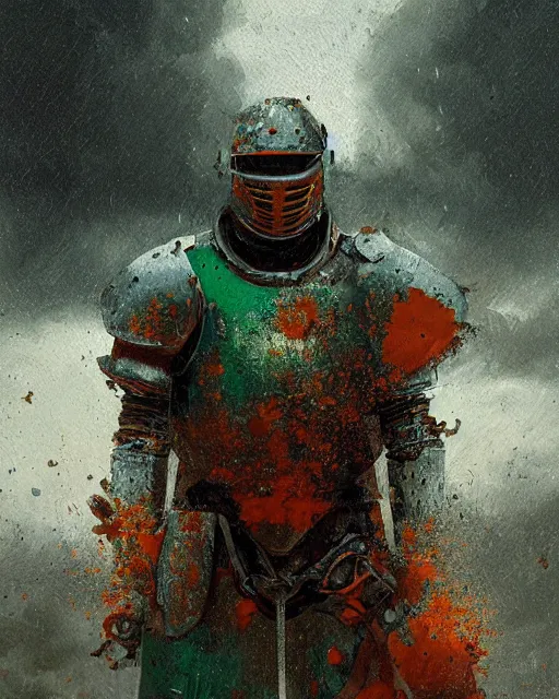 Image similar to Hyper realistic painting of a knight in a rusted full plate armor, green and orange rust, hyper detailed, thunderstorm, midnight, volumetric lighting, creepy atmosphere, by greg rutkowski