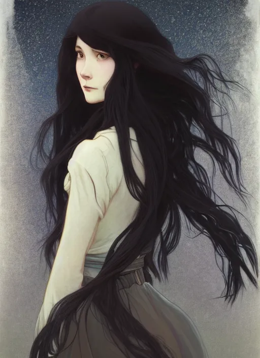Image similar to pretty young woman with long black hair walking in the darkness, path traced, highly detailed, high quality, digital painting, by studio ghibli and alphonse mucha, leesha hannigan, makoto shinkai, disney