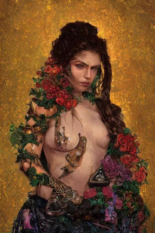 Image similar to portrait of beautiful young mainem, warhammer, cyber style, a lot of more scars, more and more flowers, the middle ages, highly detailed, artstation, illustration, artgerm sylvari portrait, 8 k quality, art by gustav klimt
