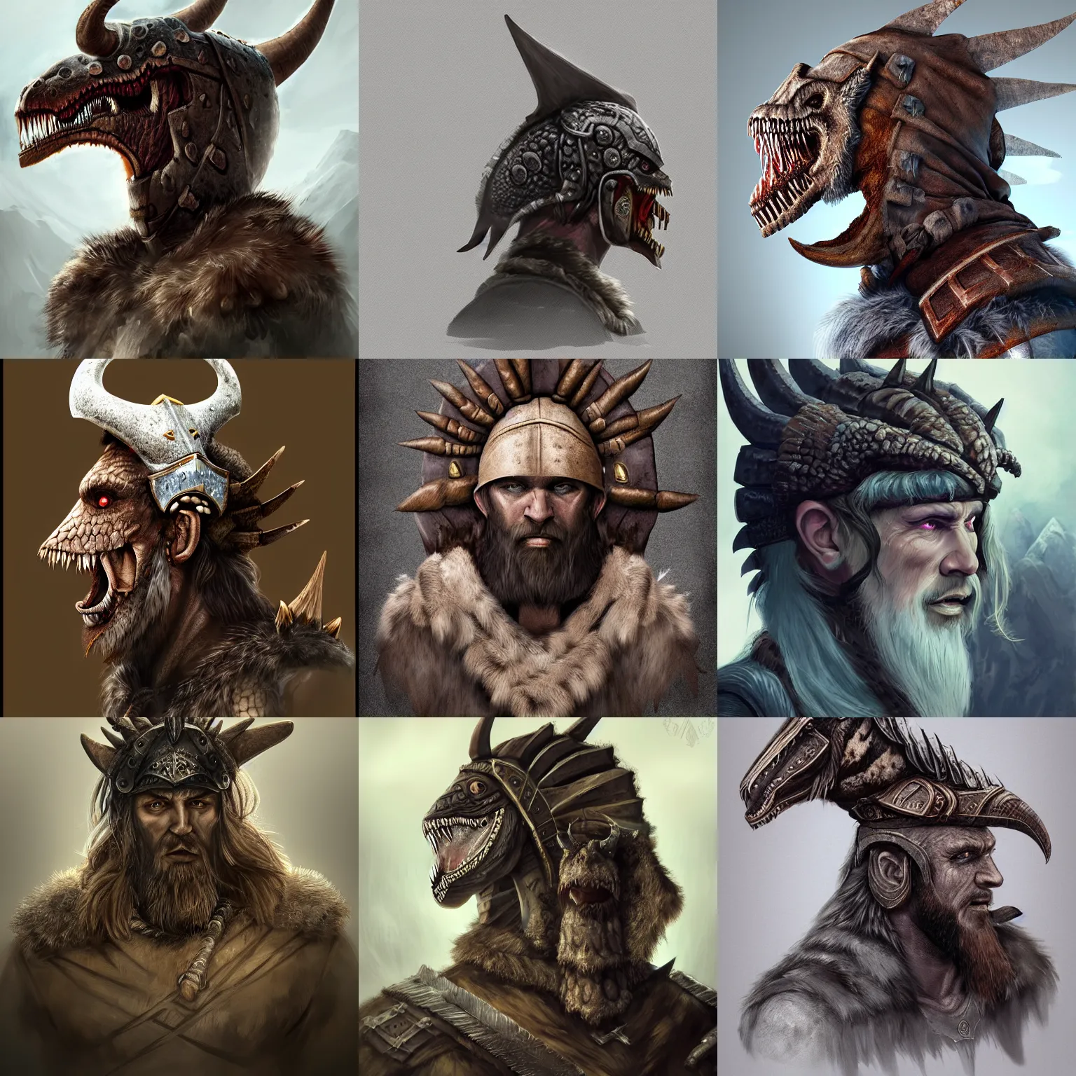 Prompt: viking berserker, with dinosaur skin cloak, and dinosaur head headdress; side on portrait with white background, concept art trending on artstation