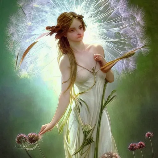 Prompt: a beautiful fairytale painting of a cute dandelion seed fairy, a fairy made out of a dandelion seed. the dandelion seed is her body. dreamy beautiful painting by artgerm and greg rutkowski and alphonse mucha