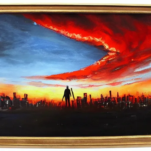 Prompt: red sky, a person watching the end of the world, dystopian city, wasteland, oil painting