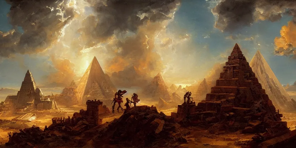 Image similar to hubert robert simonetti rutkowski epic painting aztec warrior watching spaceship starship in the sky, background is mesoamerican pyramid