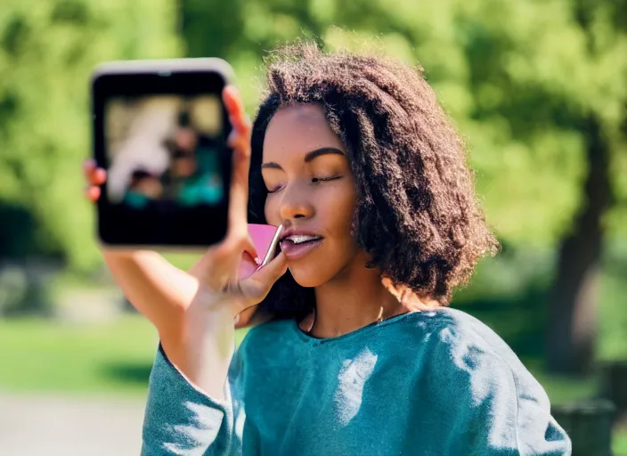 Image similar to photo still of a bronze statue of a woman using an iphone to take a selfie in a park on a bright sunny day, 8 k 8 5 mm f 1 6