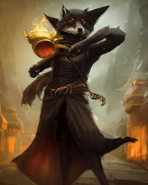 Image similar to oil painting of Anthropomorphized dark Fox thief, holding bag of gold coins, wearing dark cloak, mischievous look, full body, sharp focus, fantasy style, octane render, volumetric lighting, 8k high definition, by greg rutkowski, highly detailed, trending on art Station, magic the gathering artwork, dark city backround