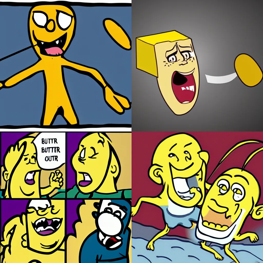 Prompt: cartoon stick of butter screaming in pain, high quality, highly detailed