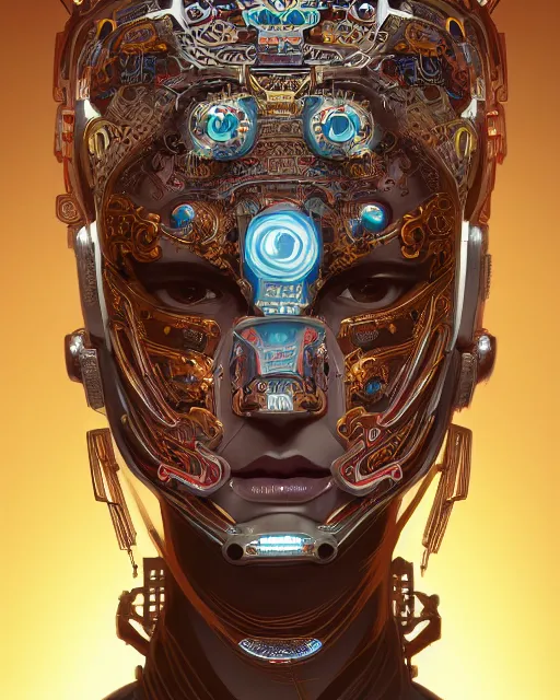 Image similar to portrait of a cyberpunk machine, machine face, upper half portrait, decorated with chinese opera motifs, asian, fine china, traditional chinese art, intricate, elegant, highly detailed, symmetry, headpiece, digital painting, artstation, concept art, smooth, sharp focus, illustration, art by artgerm and greg rutkowski and alphonse mucha, 8 k