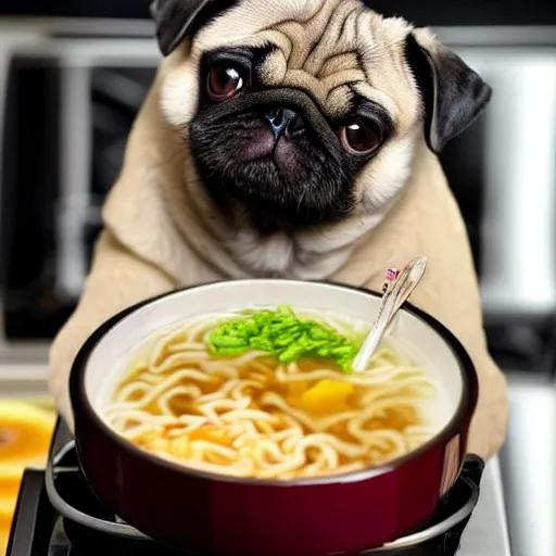 Image similar to An adorable pug sitting in a pot of ramen noodle soup atop a stove, high resolution photograph