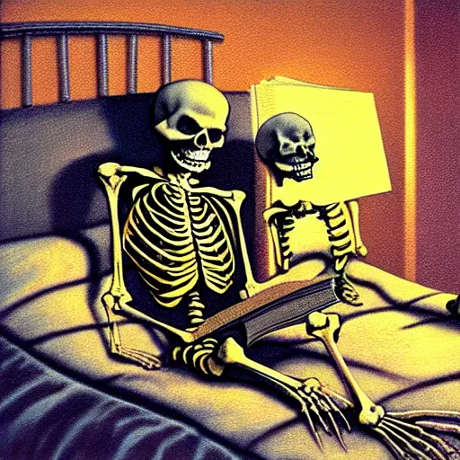 Prompt: a skeleton that is wearing pajamas in bed, and he is reading a big book, matte oil painting, by tim jacobus, goosebumps cover art, inside of a bedroom, 9 0 s, extremely detailed, sharp focus, 4 k