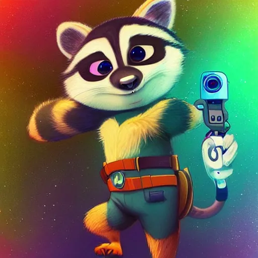 Image similar to “ racoon in the style of zootopia holding laser gun, floating alone, with a black background, digital art, award winning, trending on art station, retro style ”