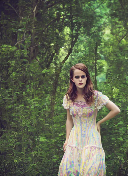 Image similar to Emma Watson for Victorian Secret, perfect face, hot summertime hippie, psychedelic Wedding Dress, full length shot, XF IQ4, 150MP, 50mm, f/1.4, ISO 200, 1/160s, natural light, Adobe Photoshop, Adobe Lightroom, DxO Photolab, Corel PaintShop Pro, rule of thirds, symmetrical balance, depth layering, polarizing filter, Sense of Depth, AI enhanced