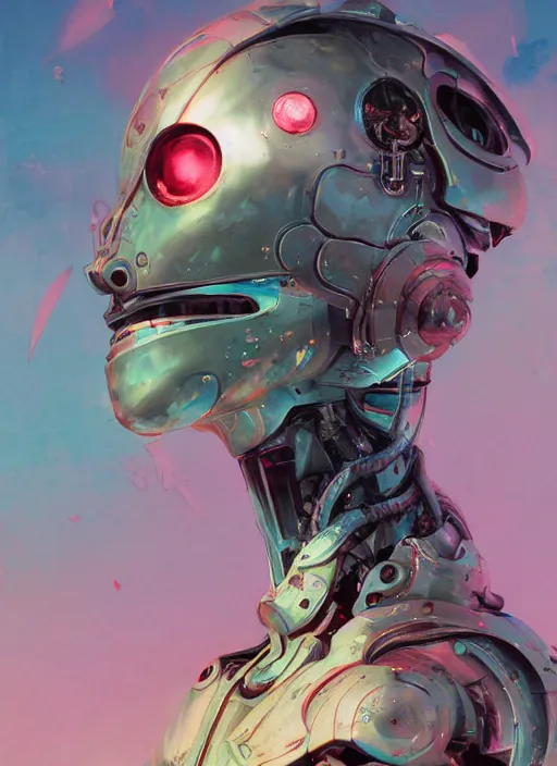 Image similar to surreal gouache painting, by yoshitaka amano, by ruan jia, by conrad roset, by Kilian Eng, by good smile company, detailed anime 3d render of a female mechanical android, portrait, cgsociety, artstation, modular patterned mechanical costume and headpiece, retrowave atmosphere