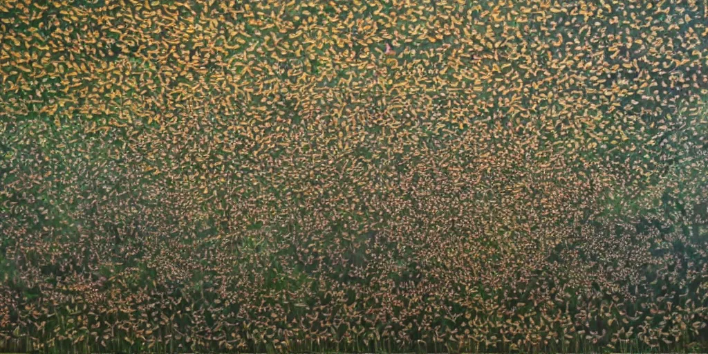 Prompt: extremely detailed oil painting of a swarm of butterflies flying over the canopy of an enchanted mushroom forest, 8 k, award - winning