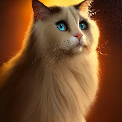 Image similar to majestic gracious ragdoll cat portrait, mysterious atmospheric lighting, elysian fields, painted, intricate, volumetric lighting, beautiful, rich deep colours masterpiece, golden hour, golden ratio, sharp focus, ultra detailed, by leesha hannigan, ross tran, thierry doizon, kai carpenter, ignacio fernandez rios