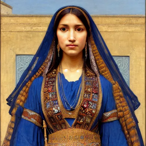 Prompt: orientalist portrait of a tan woman with dark hair wearing a blue dress selling tapestries in a busy marketplace intricate artwork by Fabio Fabbi and john william waterhouse and Edwin Longsden Long and Nasreddine Dinet and Theodore Ralli trending on artstation, very coherent symmetrical artwork high detail 8k