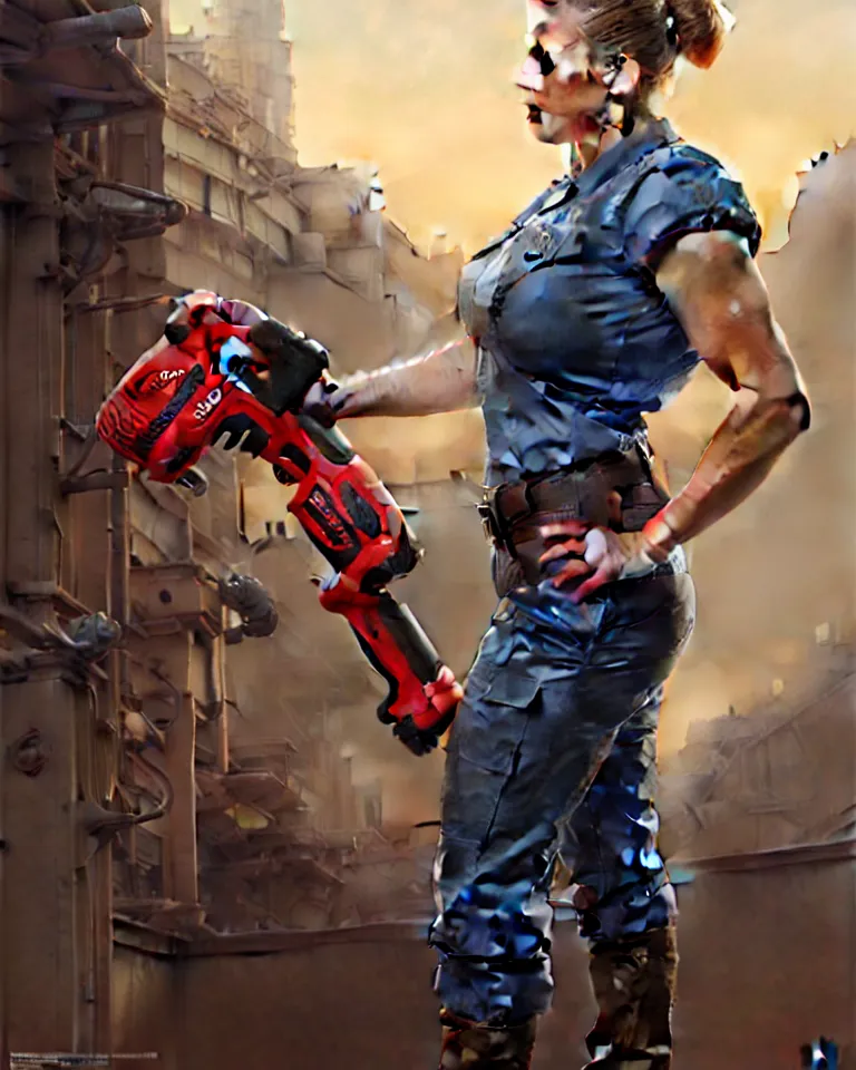 Image similar to epic portrait a slightly muscular woman wearing short sleeved uniform and carrying a red power tool drill, detailed, centered, digital painting, artstation, concept art, donato giancola, Joseph Christian Leyendecker, WLOP, Boris Vallejo, Breathtaking, 8k resolution, extremely detailed, beautiful, establishing shot, artistic, hyperrealistic, beautiful face, octane render