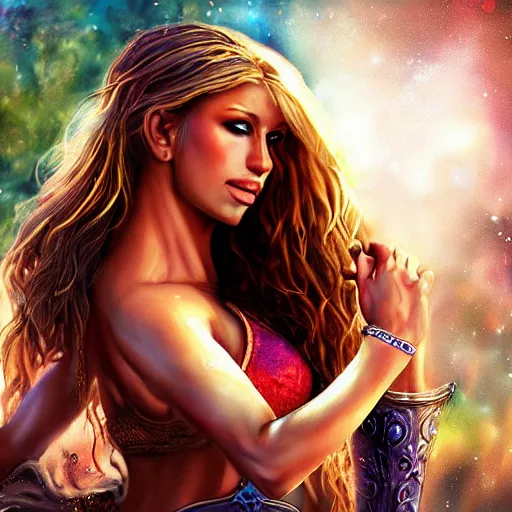 Image similar to beautiful muscular Shakira, fantasy, photo realistic, hd, detailed, digital art, cinematic, bokeh