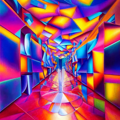 Prompt: a extremely high quality hd detailed ultra-realistic photorealistic surrealism painting of neon cast glass cubism perspective hallways melting into a warm picasso galaxy landscape by dali and zaha hadid, vivid colors, complimentary colors, melting sun, melting 4d cubes, hallway landscape, 8k, hd, high quality, high contrast