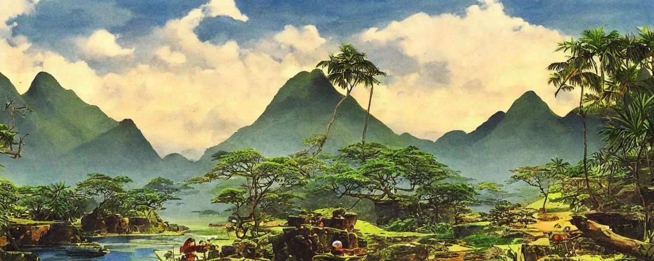 Image similar to a 2D drawing of a beautiful Philippine landscape, majestic and exotic by hiroshi yoshida