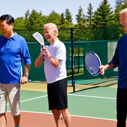 Prompt: xi jingping and joe biden playing pickleball on a sunny day