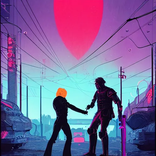 Image similar to jaime lannister and brienne of tarth fighting against a horde of neon zombies, cyberpunk art by james gilleard, cgsociety, retrofuturism, synthwave, retrowave, outrun