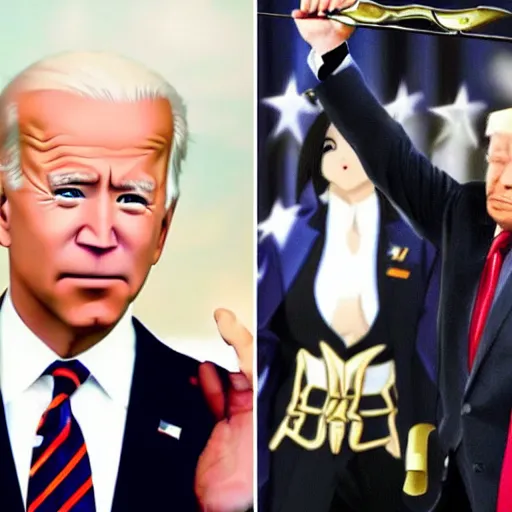 Image similar to “Anime Joe Biden locking swords with anime Donald Trump”