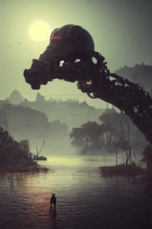 Image similar to beautiful dark bloody flooded landscape, giant robot human skull gears spider legs, in the style of beeple and Mike Winkelmann, photo real, ultra realistic, intricate, epic lighting, 8k resolution, unreal engine 5, ultraviolet colors,