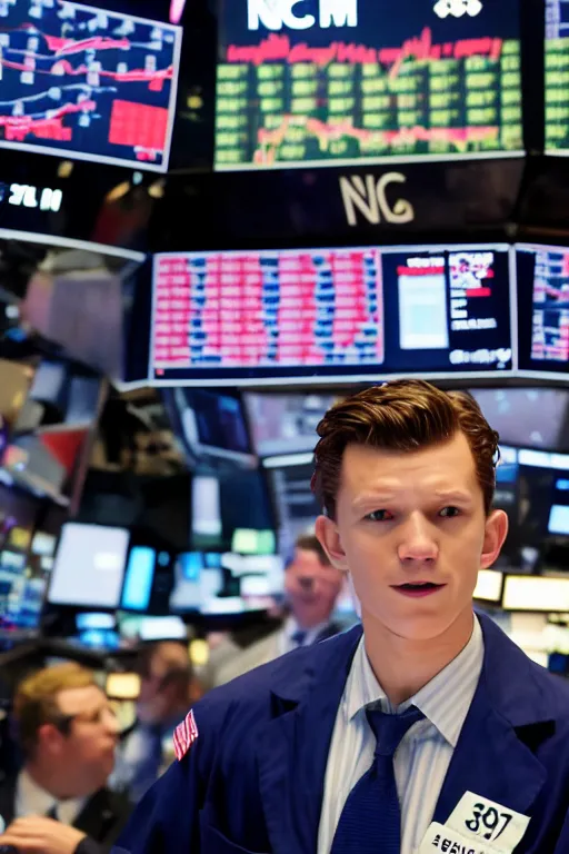 Image similar to tom holland rings the opening bell at the new york stock exchange trading floor, 3 5 mm photography, highly detailed, cinematic lighting, 4 k