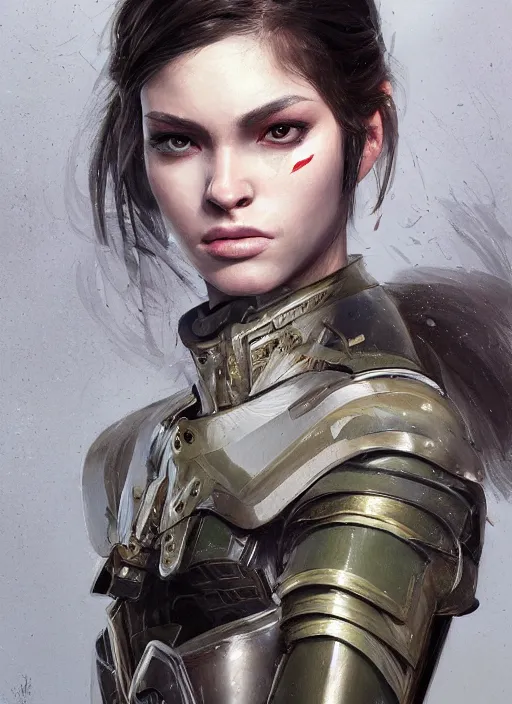 Image similar to a professional painting of a beautiful young female, clothed in military armor, olive skin, long dark hair, beautiful bone structure, symmetrical facial features, intricate, elegant, digital painting, concept art, smooth, sharp focus, illustration, from Metal Gear, by Ruan Jia and Mandy Jurgens and Artgerm and William-Adolphe Bouguerea