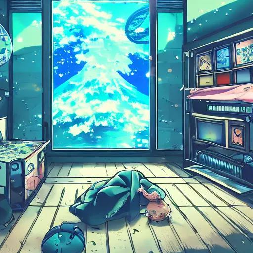 Image similar to anime background of the interior of an underwater makeshift bedroom created hastily inside a small containment unit, a loft bed, book case, computer desk, various coral seashells overtaking it, nostalgia, vaporwave, litter, steampunk, cyberpunk, water caustics, anime, vhs distortion, dynamic shot, cinematic, letterbox, art created by miyazaki