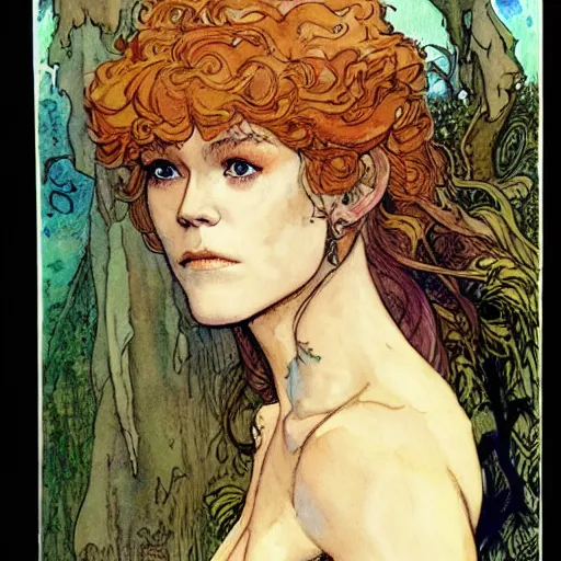 Image similar to a realistic and atmospheric watercolour fantasy character concept art upper body image of a young jane fonda in her 2 0 s posing as a druidic warrior wizard looking at the camera with an intelligent gaze by rebecca guay, michael kaluta, charles vess and jean moebius giraud