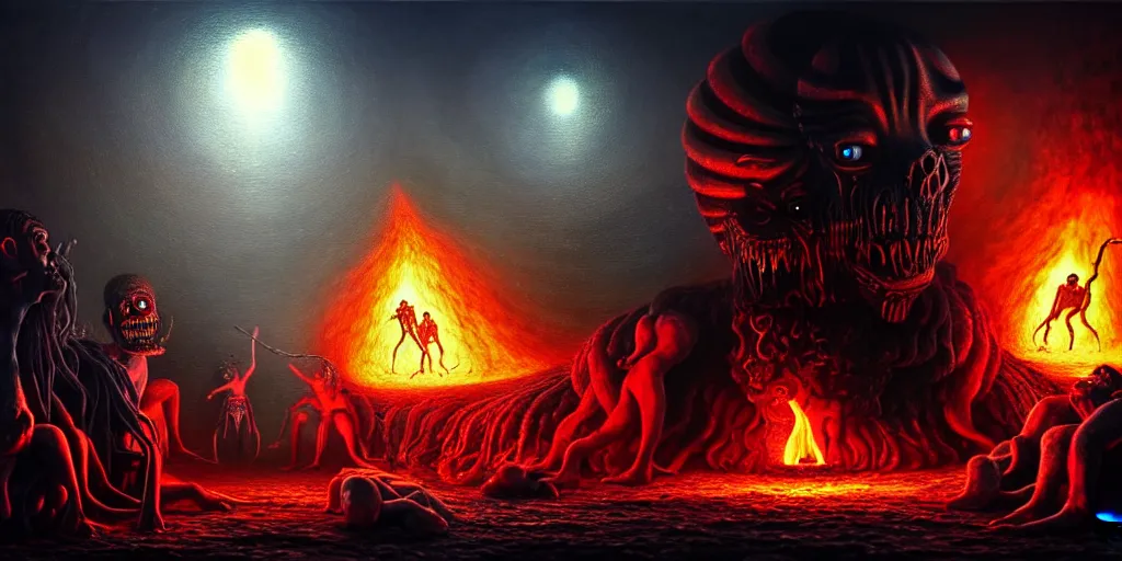 Image similar to repressed emotion creatures and monsters at the mouth of hell, dramatic lighting glow from giant fire, attempting to escape and start a revolution, in a dark surreal painting by ronny khalil