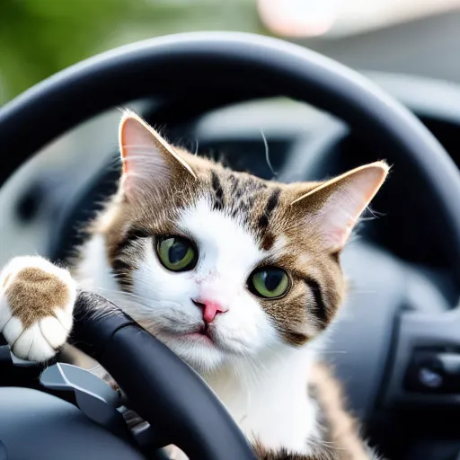 Image similar to cat driving a car with its paws on the wheel, photo, detailed, 4k