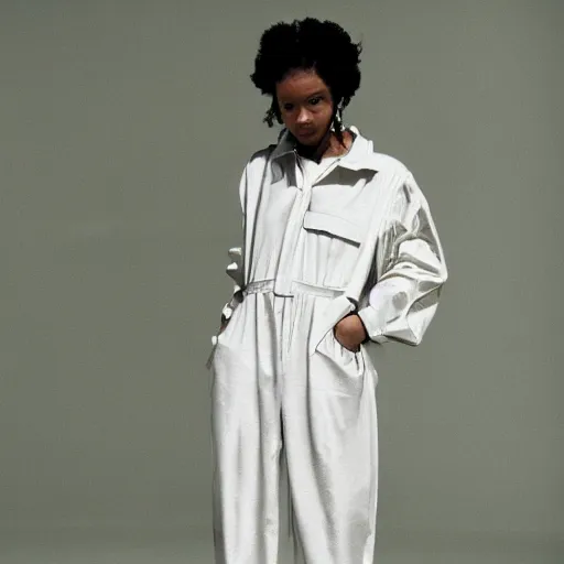 Image similar to realistic photoshooting for a new balenciaga lookbook, color film photography, portrait of a beautiful woman, woman is wearing a jumpsuit, in style of Tyler Mitchell, 35mm,