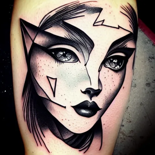 Prompt: tattoo design, stencil, beautiful girls face, geometry surrounding by artgerm, artgerm, cat girl, anime