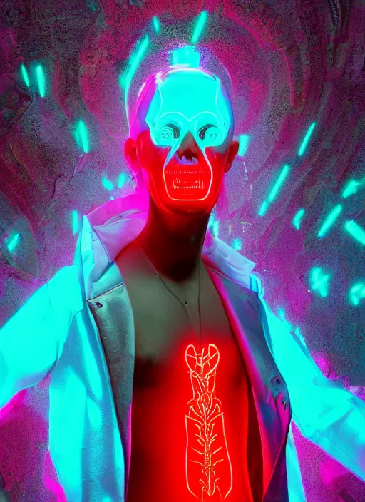 Prompt: photo of fullbodied baroque and cyberpunk and tron delicate neon diamond sculpture of seductive bright albino marble prince tyson ballou dotado mint iridescent humanoid deity wearing red plastic hoody holding molten skull in a laser alien dungeon, reclining, glowing magenta face, crown of white diamonds, cinematic lighting, photorealistic, octane render 8 k depth of field 3 d