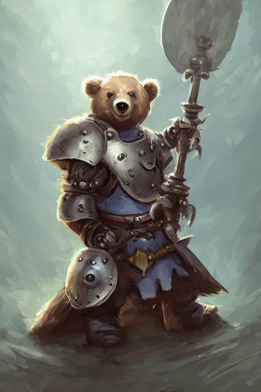 Image similar to cute little anthropomorphic bear knight wearing a cape and a crown, tiny, small, miniature bear, baby animal, short, pale blue armor, cute and adorable, pretty, beautiful, DnD character art portrait, matte fantasy painting, DeviantArt Artstation, by Jason Felix by Steve Argyle by Tyler Jacobson by Peter Mohrbacher, cinematic lighting