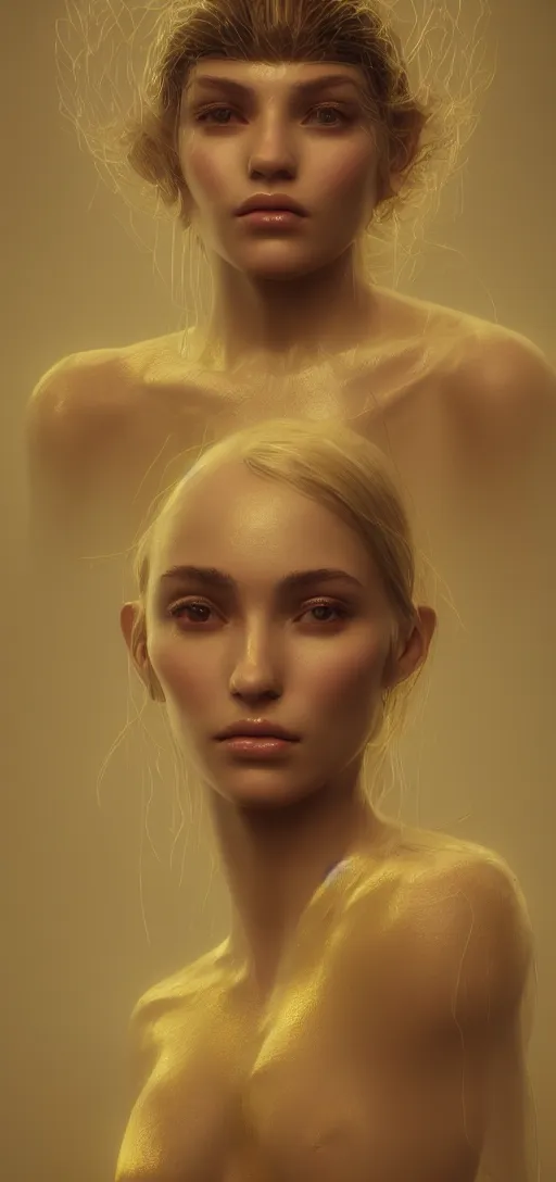 Image similar to beautiful woman, centered painted portret, golden white atmosphere, insanely mystical, hyper realistic, extremely detailed, concept art, trending on artstation, atmospheric, 8 k, octane render, unreal engine