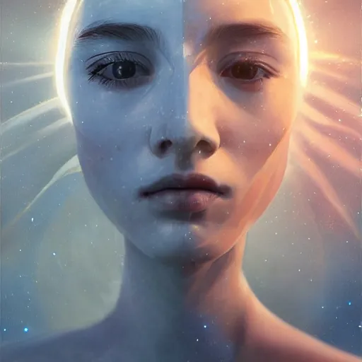 Prompt: sci - fi, close - up, 3 d, sleepy fashion model face, moon rays, cinematic, clouds, sun rays, vogue cover style, poster art, blue mood, realistic painting, intricate oil painting, high detail illustration, figurative art, multiple exposure, water, 3 d, by tooth wu and wlop and beeple and greg rutkowski