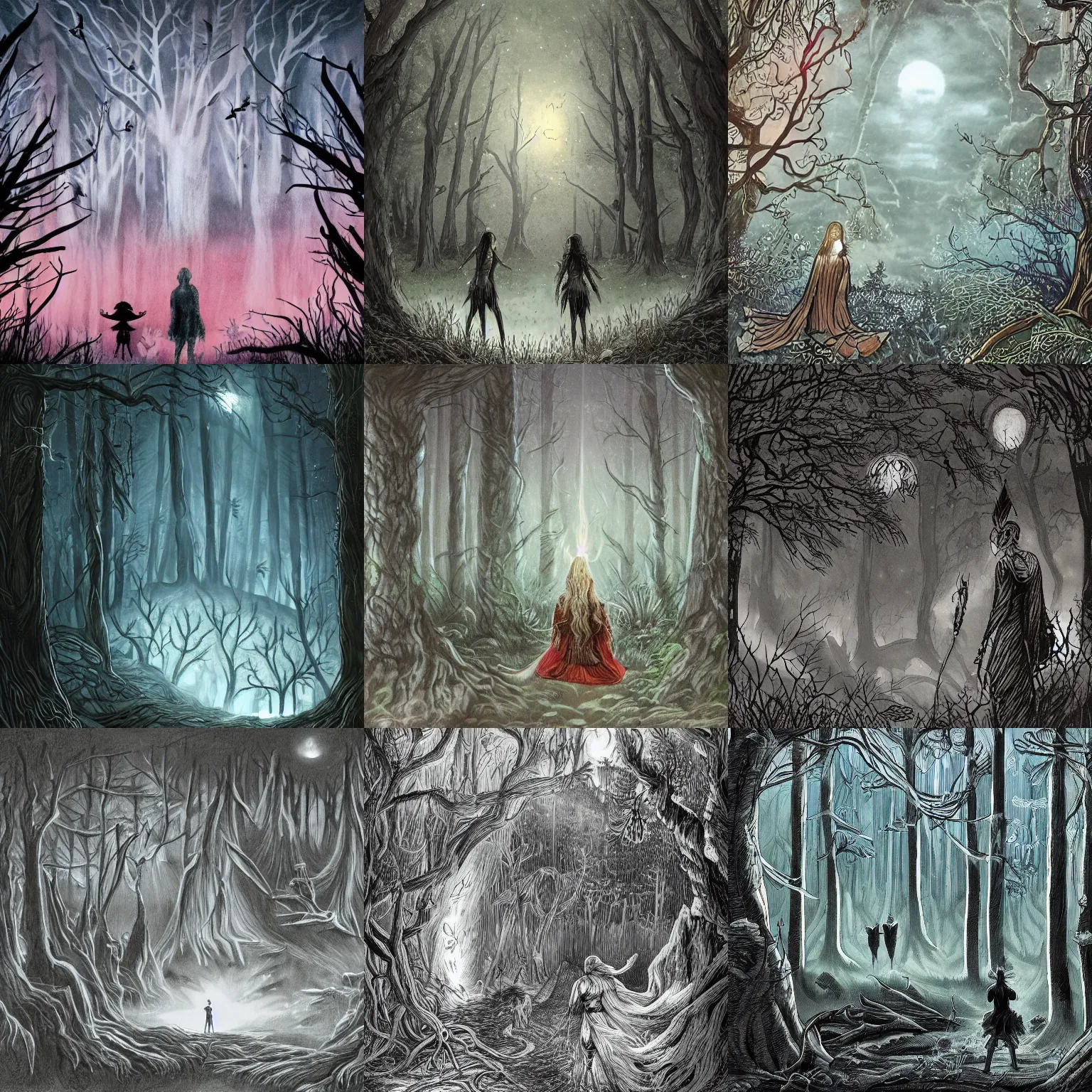 Prompt: drawing of a mysterious dark forest at night, with faraway view, and in the background there is an elven woman casting a spell, large scale. high quality digital art, intricate, detailed