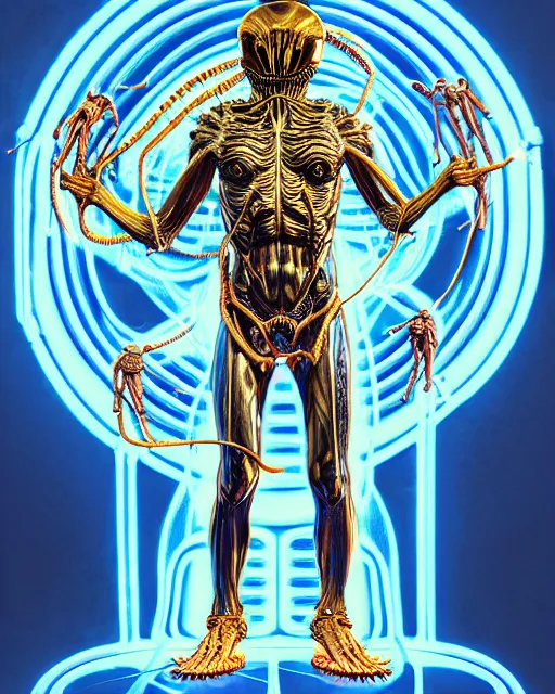 Image similar to space xenomorph as vitruvian man by james jean and shusei nagaoka, ultra wide angle, full body, no crop, golden ratio, retrofuturistic, hyper details